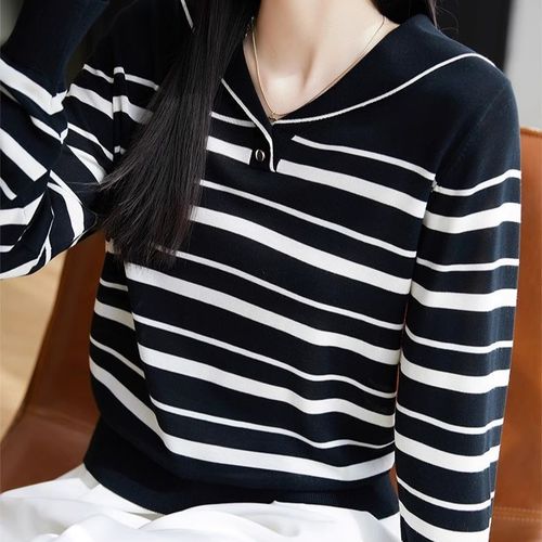 Navy Leader Cardigan Striped Hooded Loose Knitted Sweater Women Spring Autumn Color Block Base Knit Top Stylish Long Sleeve Top