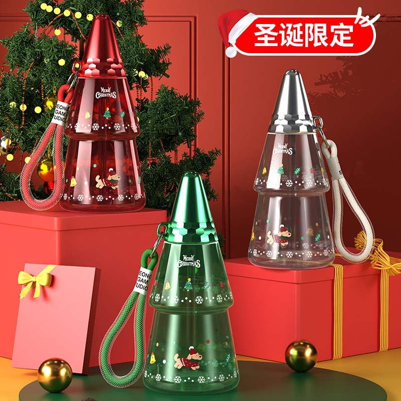 新款聖誕兒童水杯卡通塑料杯帶提升學生吸管杯男女戶外運動水壺