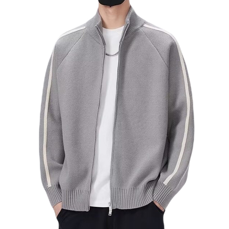 Explosiones transfronterizas de tamaño grande europeo a rayas cardigan suéter de punto chaqueta de hombre chaqueta de doble cremallera fábrica de marea al por mayor