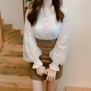 衬衫秋季刺绣上衣蕾丝网纱女女式蕾丝衫新拼接甜美宽松