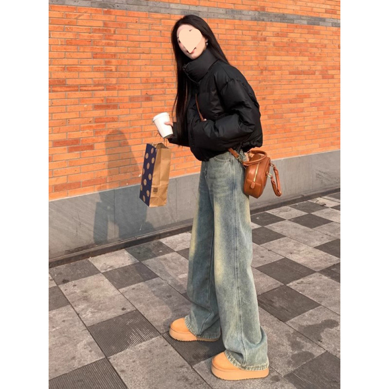 아메리칸 스타일 레트로 하이 스트리트 청바지 여성의 가을과 겨울 새로운 스타일 작은 스트레이트 바지는 오래 된 느슨한 넓은 다리 바지를 씻었습니다.