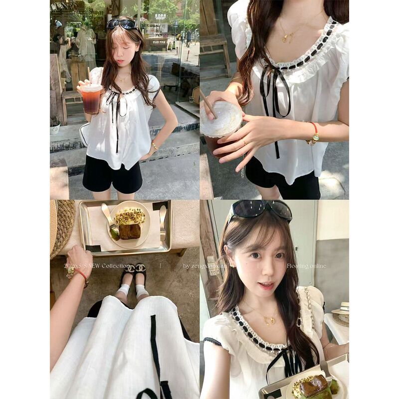 Contrast color tie-neck lace patchwork Korean-style low round-neck small flutter sleeve shirt for women, new loose slimming top for summer Contrast color tie-neck lace patchwork Korean-style low round-neck small flutter sleeve shirt for women, new loose slimming top for summer