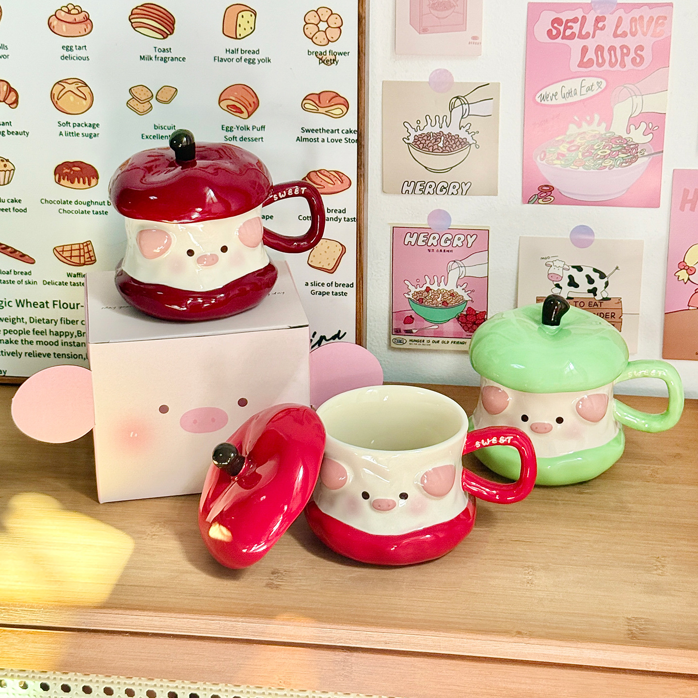 Hermosas tazas de cerámica de cerdo de manzana con tapa taza de regalo de cumpleaños taza de agua casera taza de regalo de navidad taza