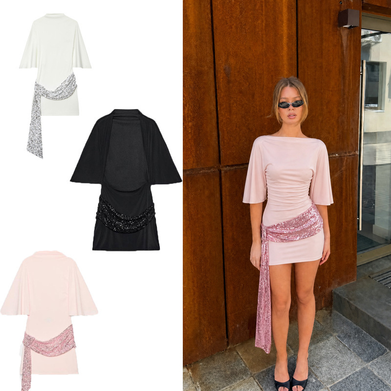 New European and American foreign trade style stand-up collar cape sleeve dress, heavy-duty sequin and bead patchwork short dress 4772378 New European and American foreign trade style stand-up collar cape sleeve dress, heavy-duty sequin and bead patchwork short dress 4772378
