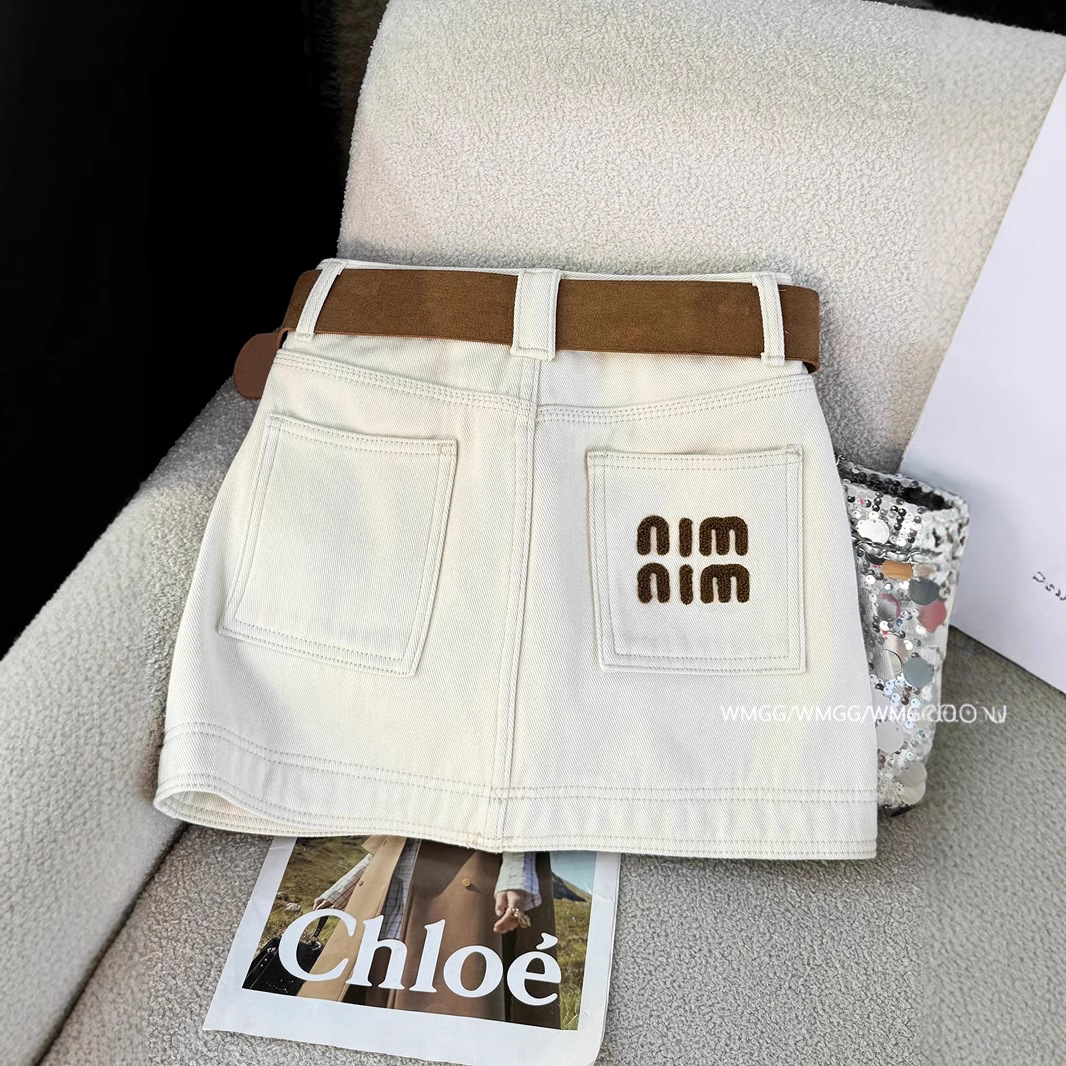 White Denim Skirt High-end Sense Spice Girl Miu Li Miu Air Letter Embroidered High Waist Slimming Hip Skirt