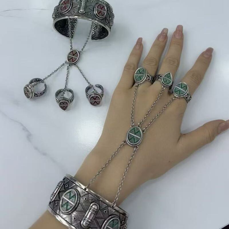 Kazakh Traditional Pattern Bracelet and Ring Set, Vintage Distressed Jewelry, Niche Ethnic Style Accessories