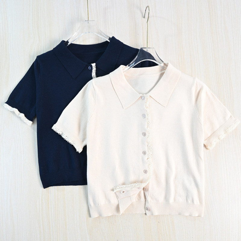 Siqi Women's Clothing 264/30 Soft Lace Trimmed Collar Buttoned Casual Short Sleeve Knit Cardigan Siqi Women's Clothing 264/30 Soft Lace Trimmed Collar Buttoned Casual Short Sleeve Knit Cardigan