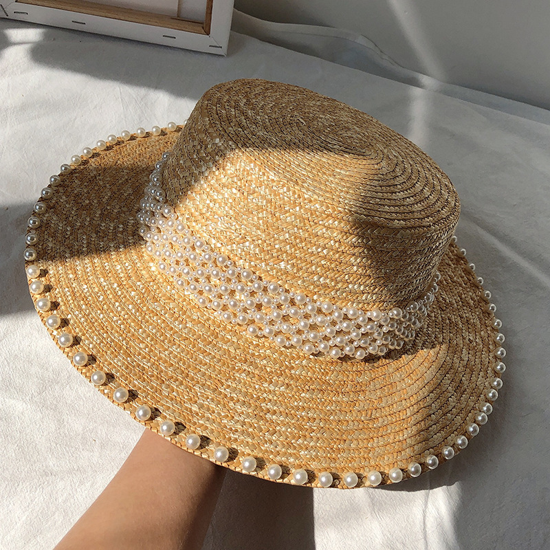 1260g Weight Sun Hat Hats Type Casual, Outdoor Occasion Straw Material Solid Color Pattern Summer Season Women's Gender Pearl Design Elegant, Simple Style Style Big Eaves Rim Women's Elegant Simple Style Solid Color Pearl Big Eaves Sun Hat 1