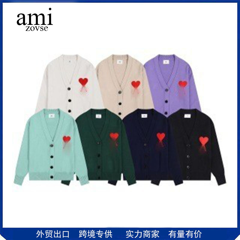 Ami&Zovse Correct Version of Large Heart Embroidered Knitwear V-Neck Cardigan Jacket for Men, Couple Style Cardigan Sweater for Men