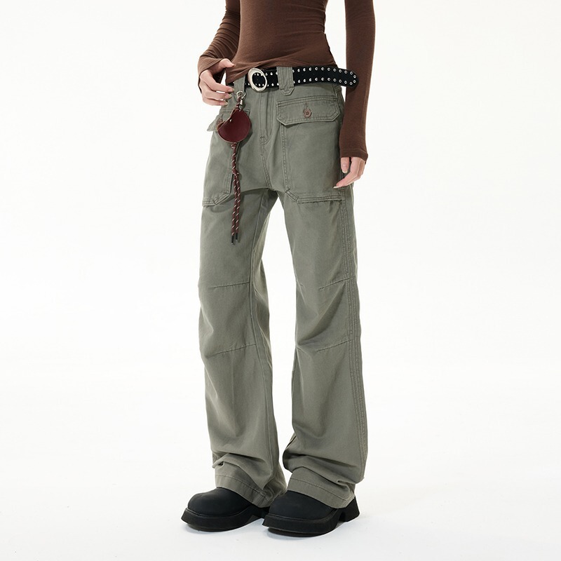 Forever 21 American Retro Gray Bootcut Cargo Pants Women's New Loose Multi-Flap Pocket Pants Pleated Casual Pants