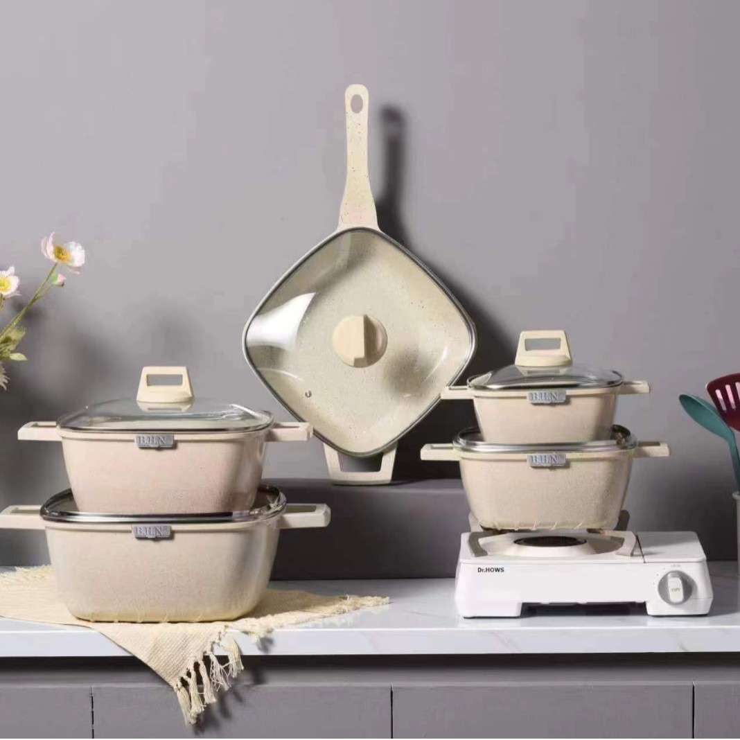 21PCS SET COOKWARE 21-piece SET cuadrado sopa sartén antiadherente traje kit de olla de aluminio maifan piedra olla SET