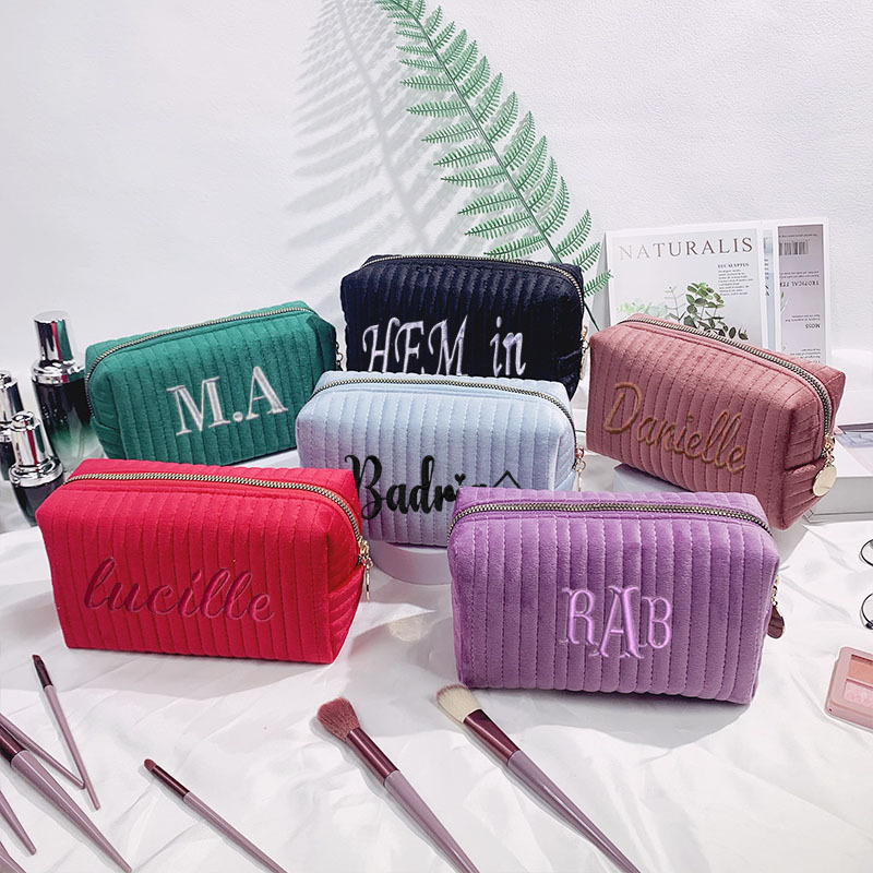 Cross-Border New Quilted Embroidered Striped Velvet Cosmetic Bag Portable Hand-Held Small Square Bag Simple Travel Storage Cosmetic Bag