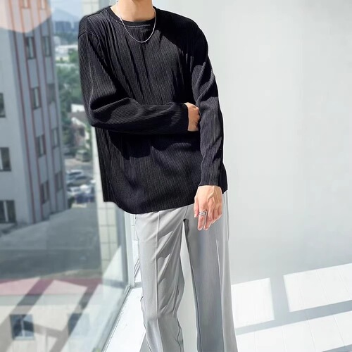 Hanging white long-sleeved t-shirt, men's spring and autumn loose pleated bottom shirt, ins trendy autumn high-end clothes