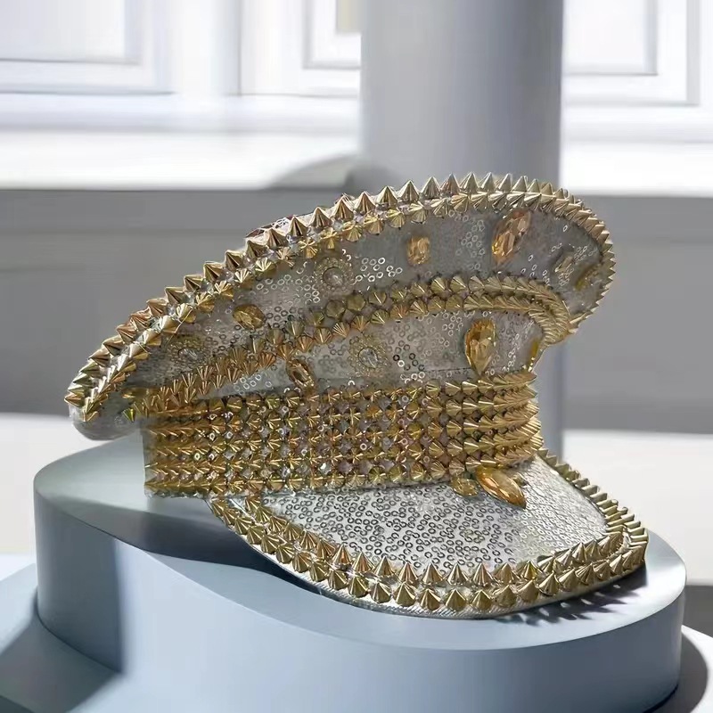 Sombrero azul marino con incrustaciones de diamantes, boina estilo punk, sombrero y2k, sombrero de marinero para mujer con ambiente otoñal e invernal, sombrero dorado para clima frío