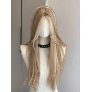 Women's Wig Asian American High-rise Front Lace American Retro Hot Girl Golden Brown Highlight Gradient Mid-straight Hair