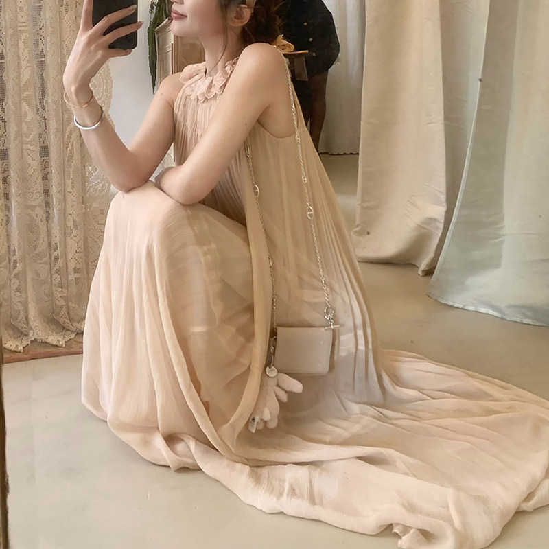 Spot Capri Midsummer Rayon Embroidered Petal Collar Halter Dress Sweet Suspender Dress Women's Summer Long Dress