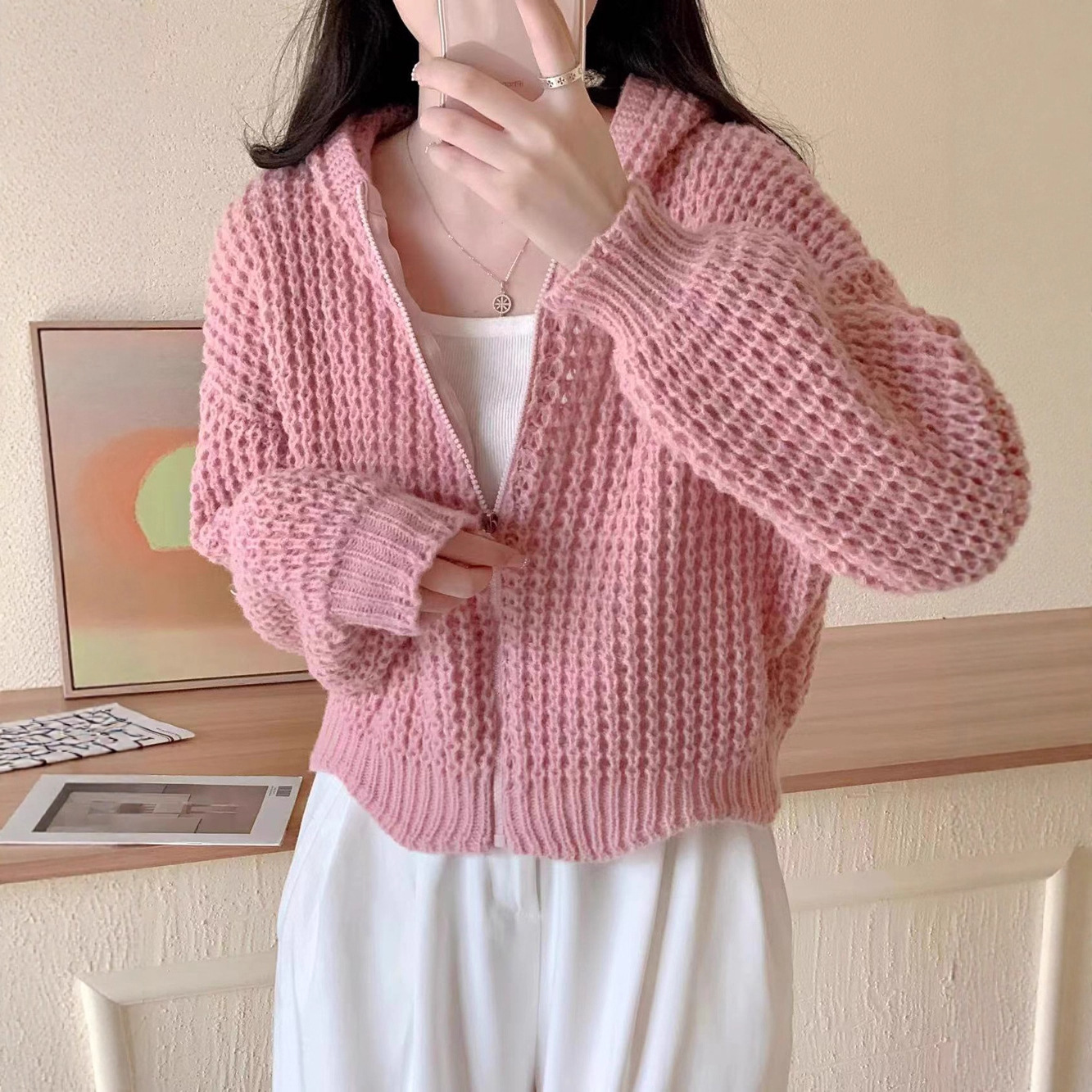 韩国代购高领保暖复古粗针翻领针织衫慵懒宽松气质拉链毛衣外套女