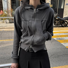 2025秋冬纯色兜兜领宽松拉链连帽卫衣少女百搭基础休闲开衫外套