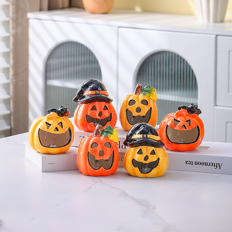 Cross-border Halloween ceramic pumpkin led night light hollow luminous atmosphere decoration funny ornaments activity props