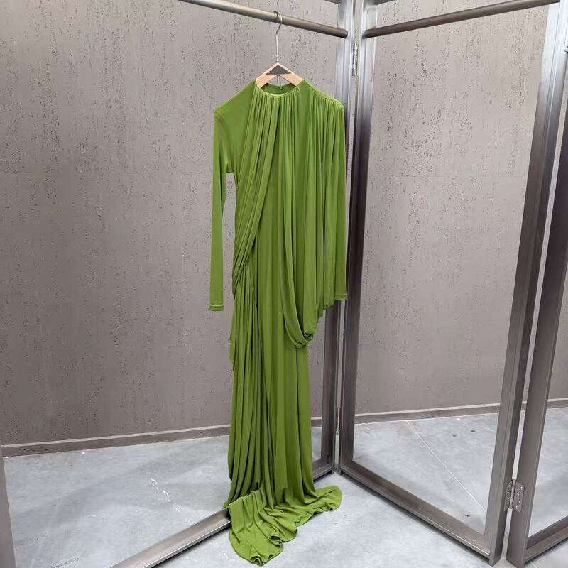 2026 Spring/Summer Round Neck Long Sleeve Fruit Green Slim Fit Pleated Chic Floor-Length European and American Style Dress Cross-Border