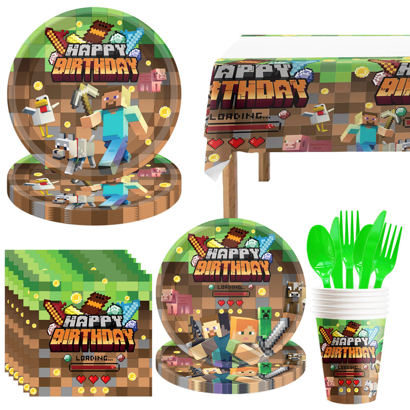 Cross-Border Minecraft Pixel Style Theme Tableware Birthday Event Party Disposable Tableware Paper Plate Cup Set Cross-Border Minecraft Pixel Style Theme Tableware Birthday Event Party Disposable Tableware Paper Plate Cup Set