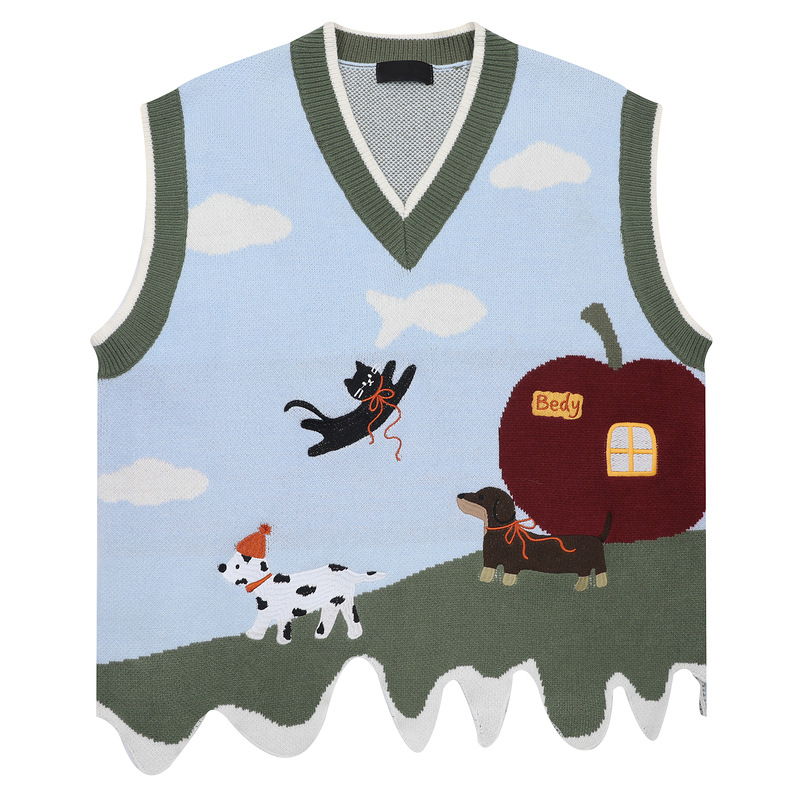 衣品家美式学院风动物刺绣V领针织衫男女潮牌慵懒风情侣毛衣马甲