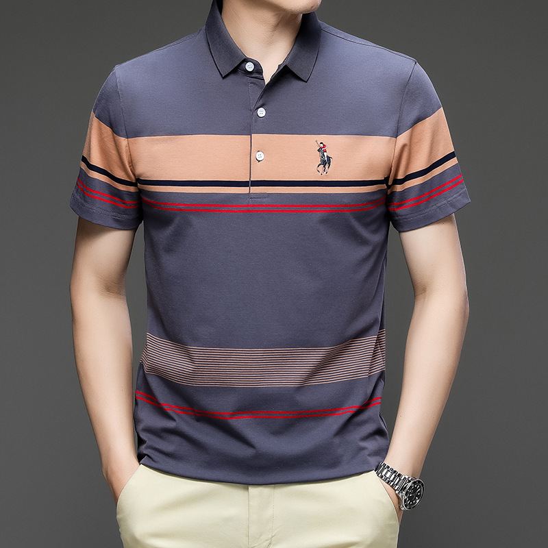 Exclusivo transfronterizo para verano nuevo estilo de algodón bordado de manga corta camiseta de hombre a rayas casual solapa de gran tamaño camisa POLO para hombre