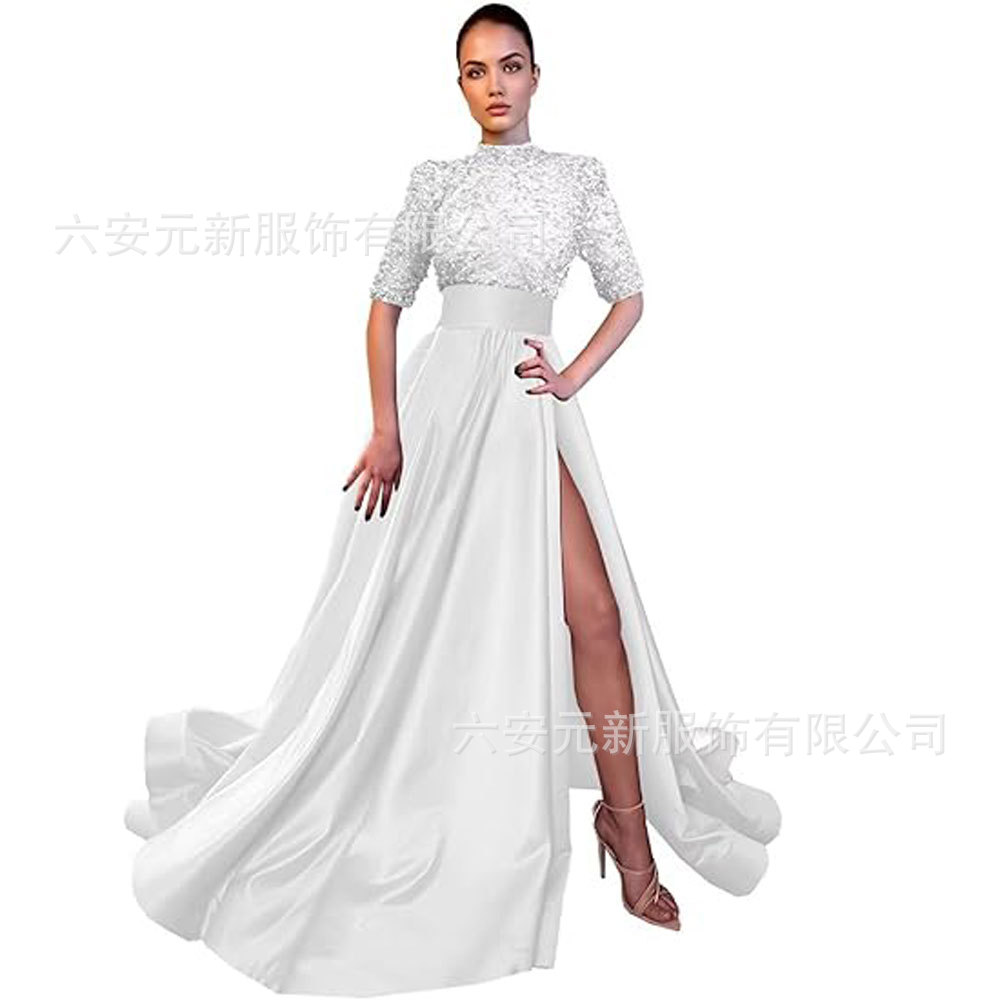 Europeo y americano Amazon AliExpress vestido de fiesta media manga lentejuelas satén vestido de noche A-line vestido de fiesta de hendidura image 7