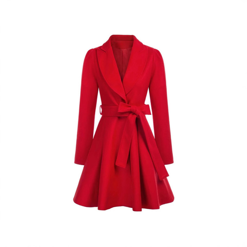 2024 autumn and winter cross-border selection of women's trench coat notch lapel bubble sleeve belt A- shaped pea coat