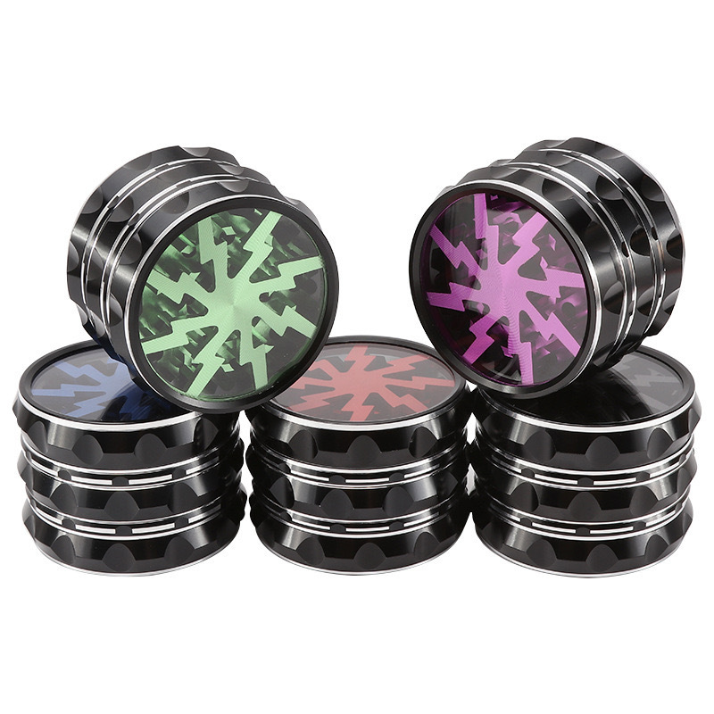 Aluminum Alloy Grinder Diameter 63mm Four-Layer Flat Lightning Smoke Grinder Transparent Upper Cover Chamfered Window Tip Pattern