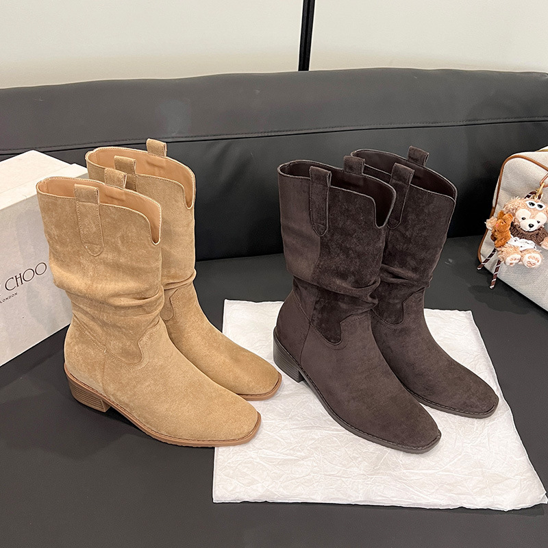 Mid-Calf Boots with Hidden 8cm Height Increase, Western Cowboy Boots with V-Cut, Slimming Large Calf Circumference, Slouchy Boots, Short Boots, Pleated Women's Boots