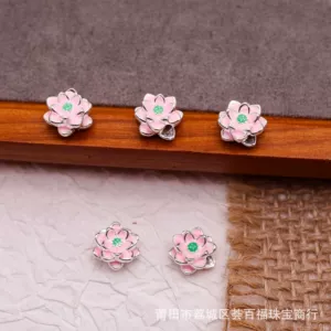 Colorful Lacquerware Pure Silver 999 Lotus Cross-Hole Bracelet Accessories DIY Handmade Materials Bracelet 3D Hard Silver Spacer Beads
