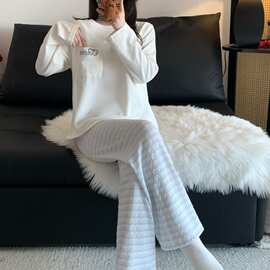 新款色织条纹裤睡衣女2026春秋卡通绣花薄款长袖舒适套装女家居服