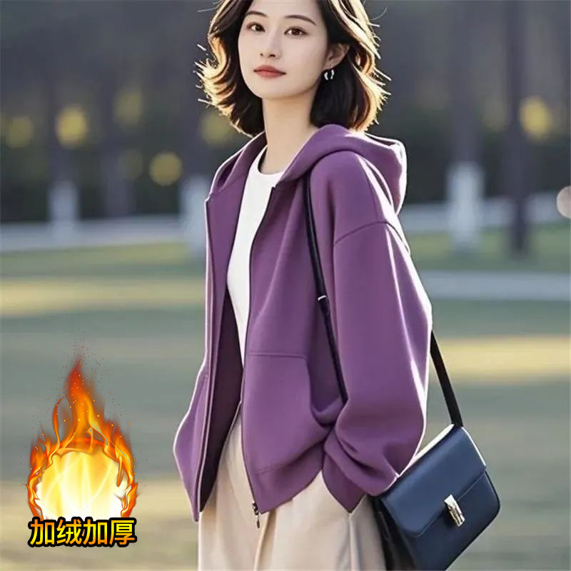 [Fleece-Free/Fleece] High Cotton Hooded Zipper Cardigan Sweatshirt Jacket for Women Autumn and Winter Warm Casual Top