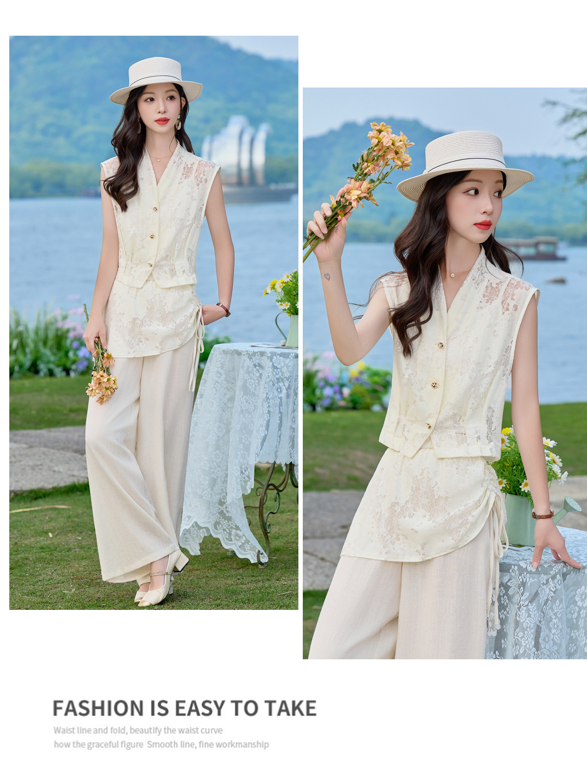Bộ vest nữ không tay kết hợp quần ống rộng phối ren YQ9913 — màu đen, màu trắng ngà chi tiết 16