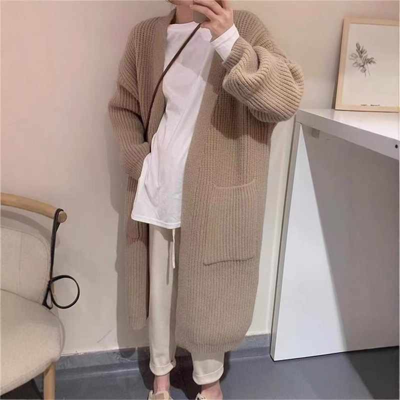 韓国風の快適な大きなポケット厚いウールの膝丈グレーミッドレングスセータージャケット女性のための春と秋の暖かいカーディガン|undefined