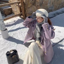 妮子小个子加厚秋冬女百搭短款毛呢外套紫色西装上衣呢子大衣