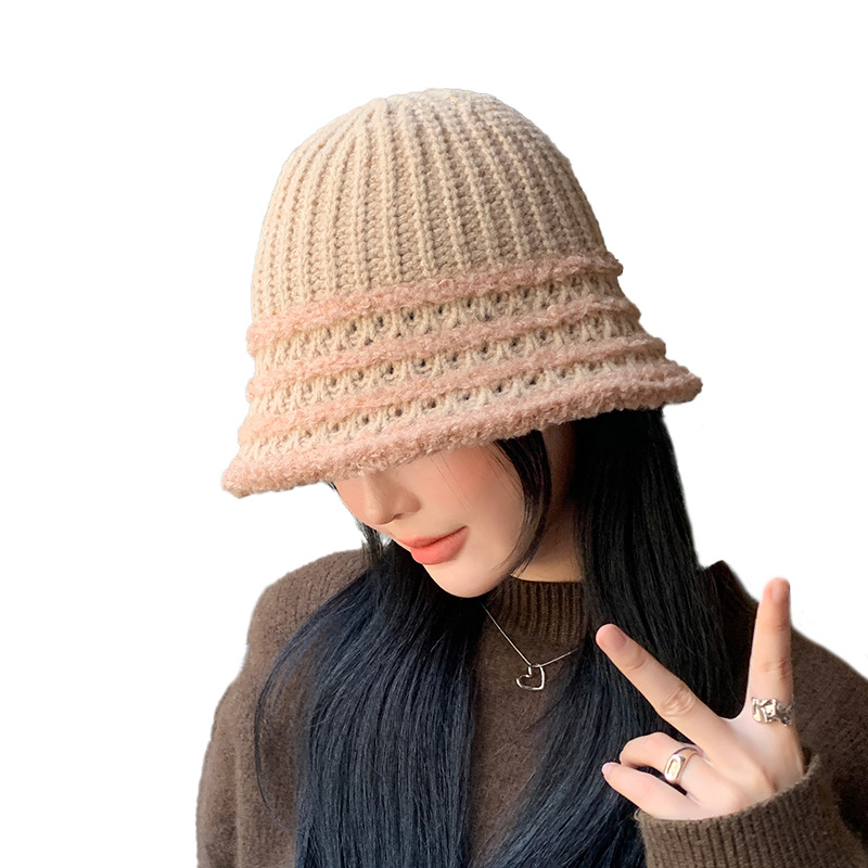 Autunno e inverno nuovo cappello coreano a righe lavorato a maglia con viso piccolo a secchiello per esterni in lana lavorata a maglia calda e alla moda_voghion.com