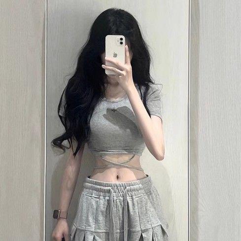 Ins-Style Sexy Simple American-Style Spicy Girl T-Shirt for Female Students, Summer Versatile Short Crop Top, Gray Jazz Dance Top