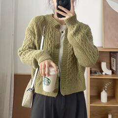 レトロな麻の花の丸首のセーターのコートの女性の秋冬の新型のゆったりしていて怠惰な風の百合の厚いニットのカーディガンの上着