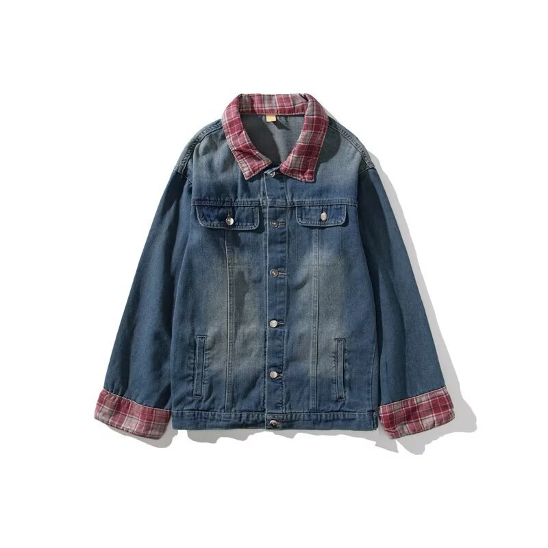 American Style Retro Plaid Lapel Jeans Coat Men's Autumn Tooling Niche Design All-match Stitching Jacket
