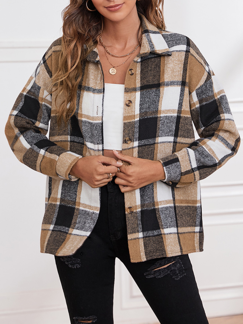 Abrigo de Lana a Cuadros para Mujer de Lana y Poliéster con Solapa y Botones para Otoño e Invierno image 7