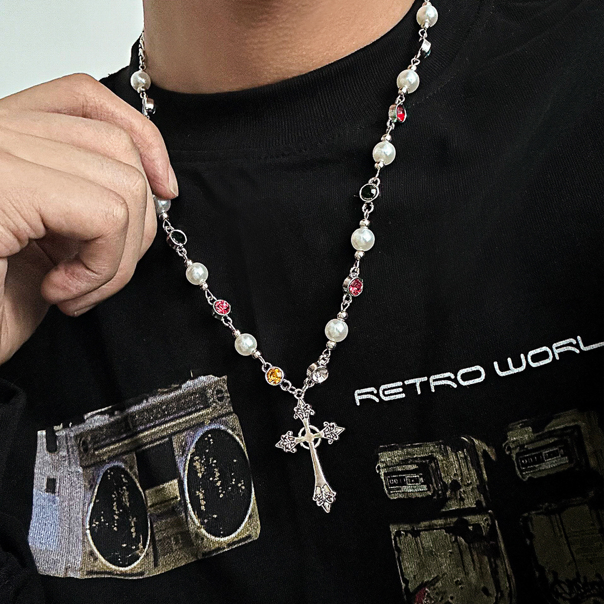 欧美嘻哈风仿珍珠十字架项链男潮时尚个性水晶锁骨链跨境男士饰品