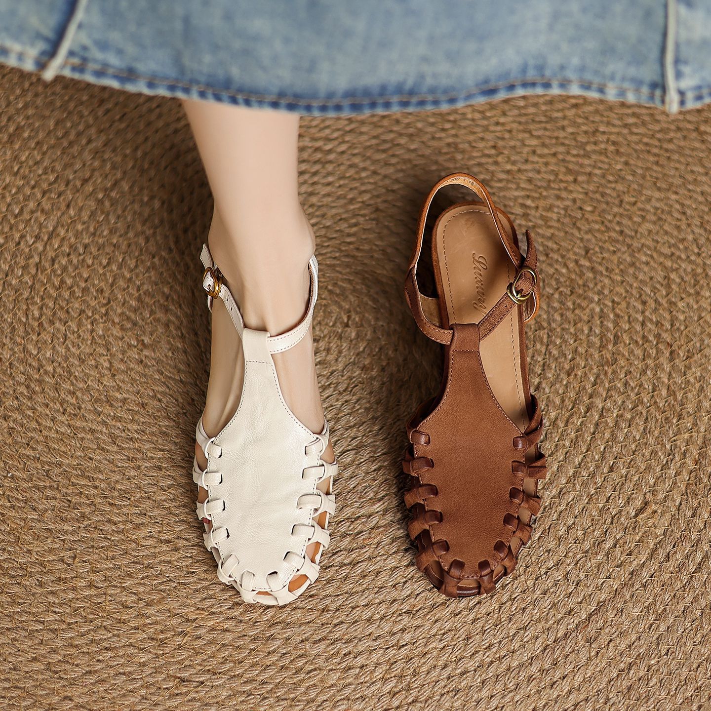 Sandal nữ da cừu mũi nhọn gót vuông quai ngang kiểu La Mã đan rỗng — màu nâu chi tiết 1