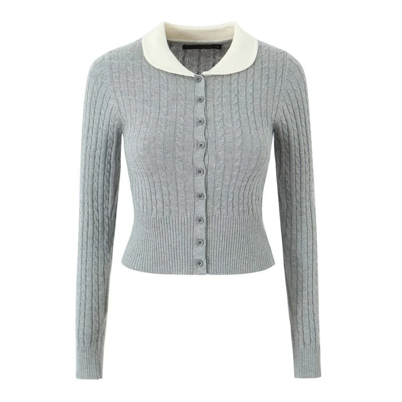 Autumn New Doll College Style Sweater Women's Age-Reducing Braided Lapel American Twist Long-Sleeved Slimming Top