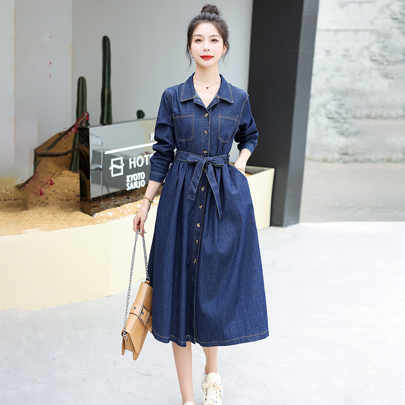 Hong Kong Style Retro Long-Sleeved Denim Dress for Women 2024 Spring & Fall New Niche Chic Waist Slimming Look Shirt Long Skirt