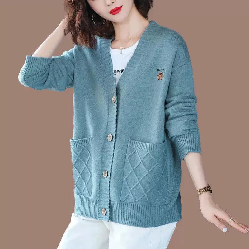 Свитер-кардиган пальто для женщин 2023 новый осенний женский свободный однобортный свитер с вышивкой кардиган для женщин