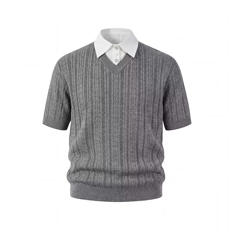 Polo camisa de punto camisa de mangas cortas hombre solapa falsa dos piezas camisa de torsión cuello vieja camisa de estilo de dinero fábrica transfronteriza al por mayor