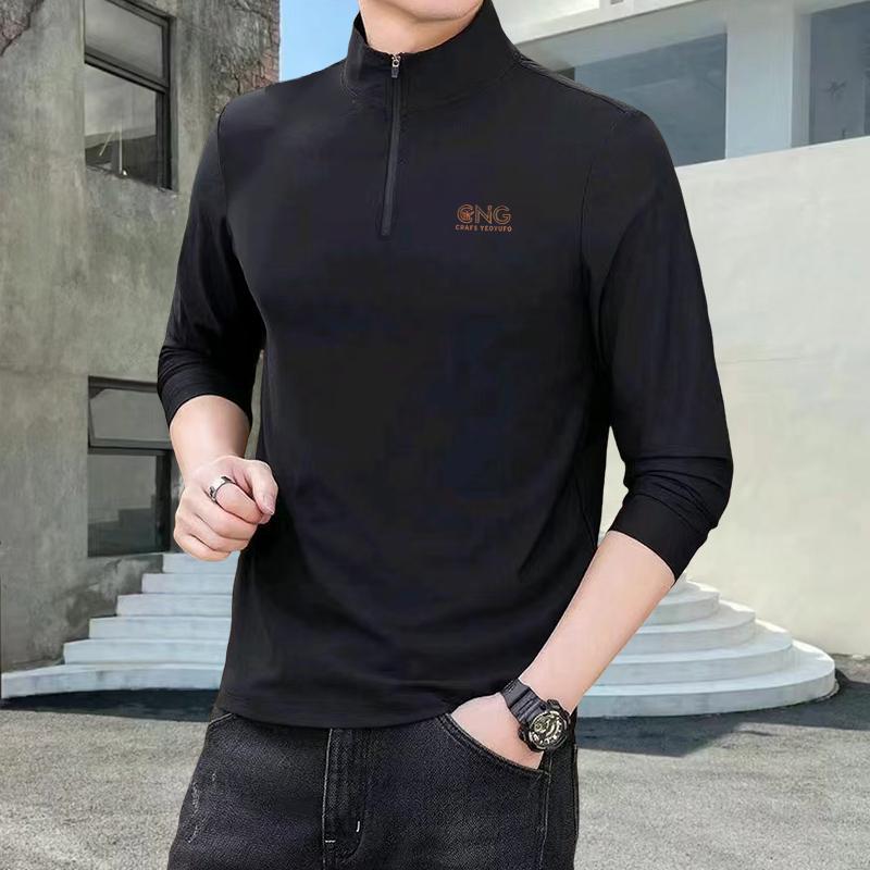 봄, 가을 탑, 하의 셔츠, 뚱뚱한 남성용 대형 남성용 티셔츠, 얇은 긴팔 티셔츠, 남성용 하프 지퍼 터틀넥 티셔츠