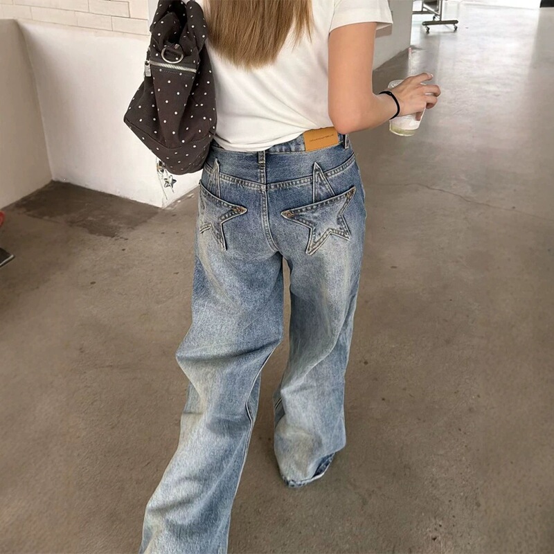 Plus-size star-design low-waist straight-leg jeans for women, American-style washed vintage loose wide-leg casual pants
